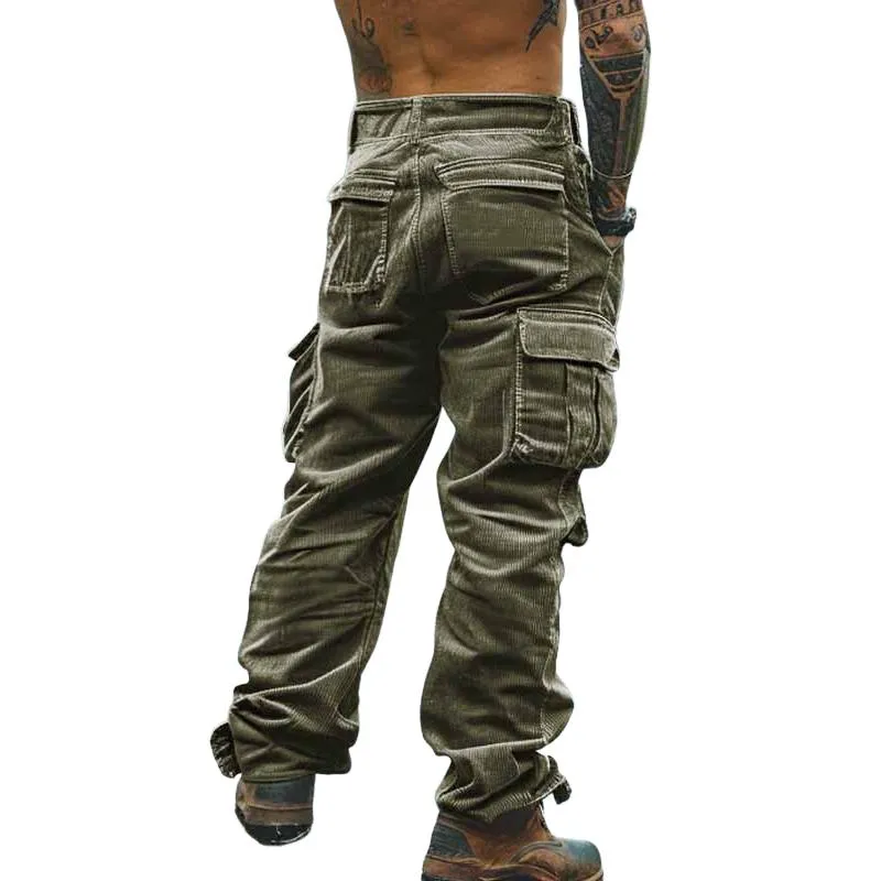 Men's Solid Corduroy Multi-pocket Straight Cargo Pants 91944753Z sold by Manly
