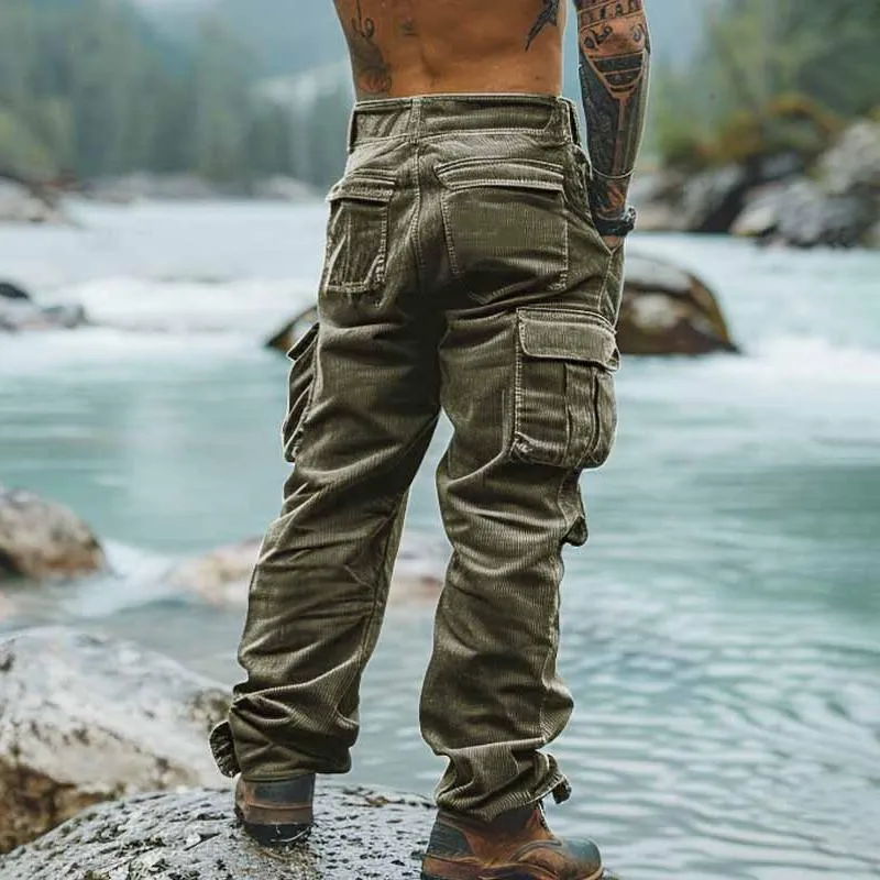 Men's Solid Corduroy Multi-pocket Straight Cargo Pants 91944753Z sold by Manly product image thumbnail 2