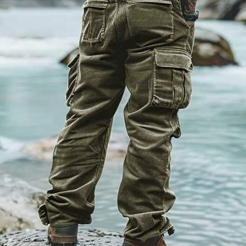 Men's Solid Corduroy Multi-pocket Straight Cargo Pants 91944753Z sold by Manly product image thumbnail 3