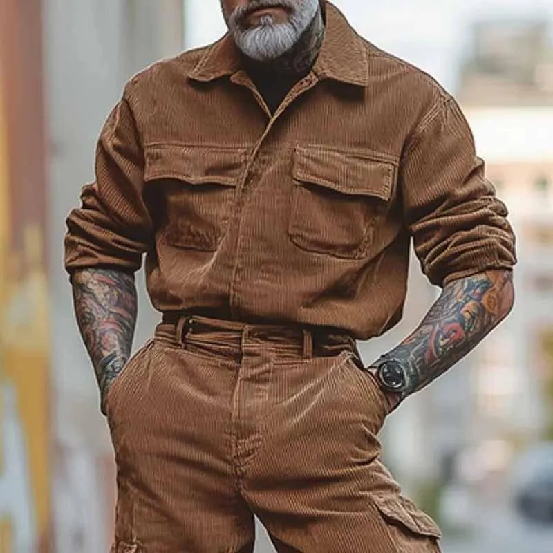 Men's Solid Corduroy Lapel Chest Pocket Long Sleeve Cargo Jumpsuit 99904298Z sold by Manly product image thumbnail 3