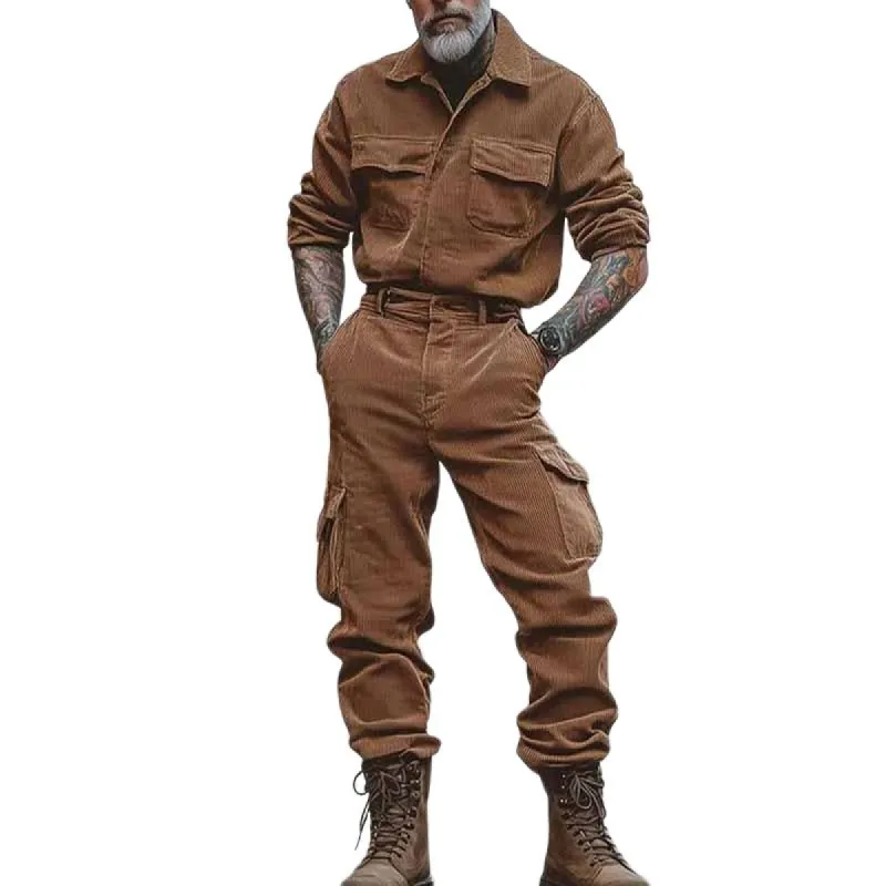 Men's Solid Corduroy Lapel Chest Pocket Long Sleeve Cargo Jumpsuit 99904298Z sold by Manly