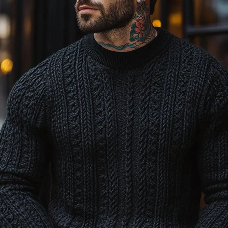 Men's Solid Color Cable Knit Round Neck Long Sleeve Sweater 86262821Z sold by Manly product image thumbnail 3