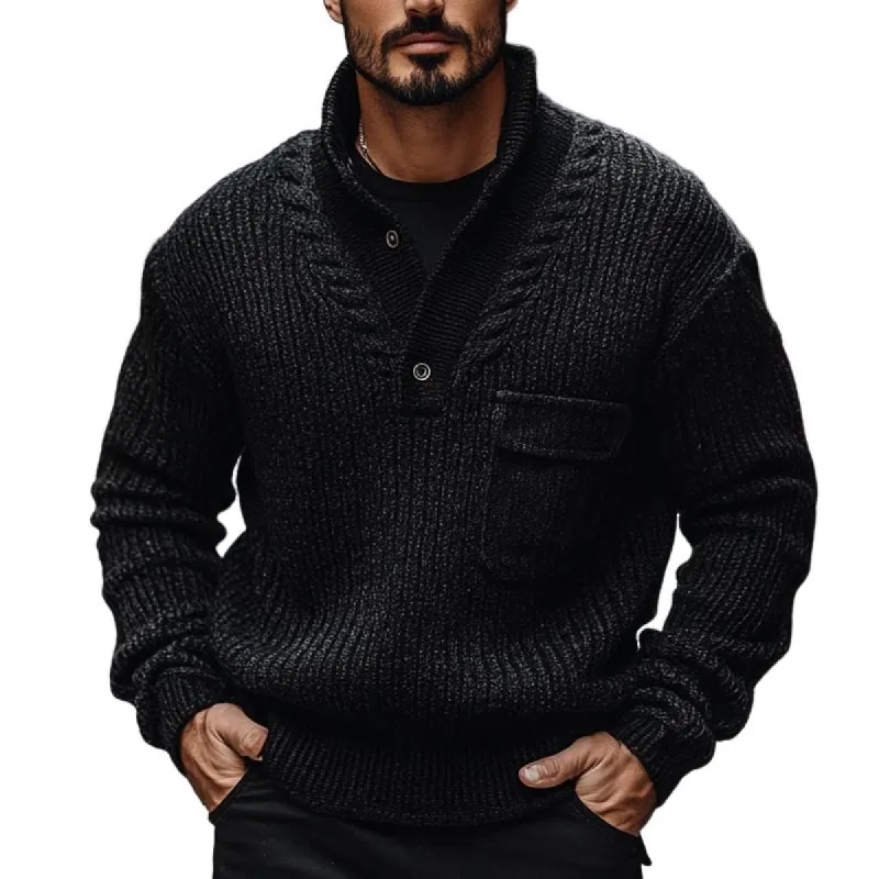 Men's Fashion Stand Collar Chest Pocket Long Sleeve Knit Sweater 61844691Z sold by Manly
