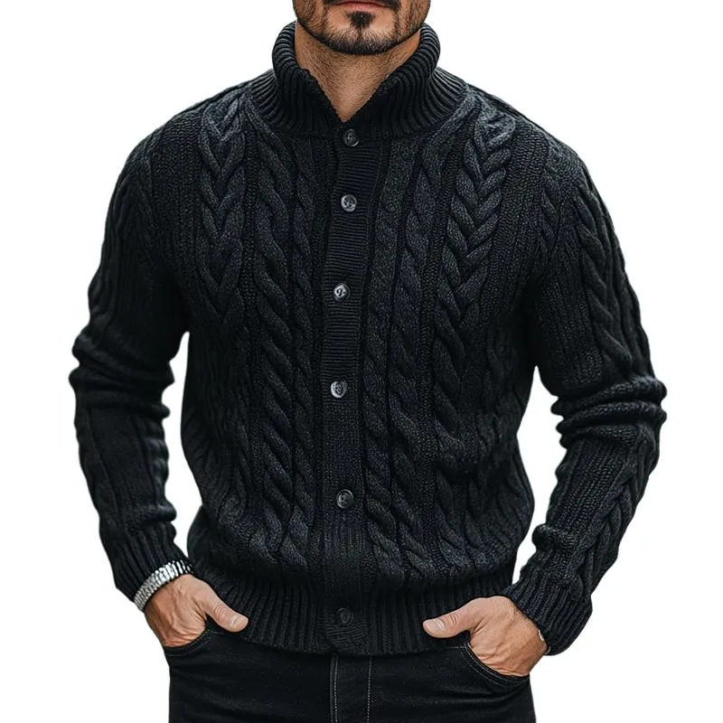 Men's Solid Color Knit Cable Stand Collar Single Breasted Cardigan 77081692Z sold by Manly