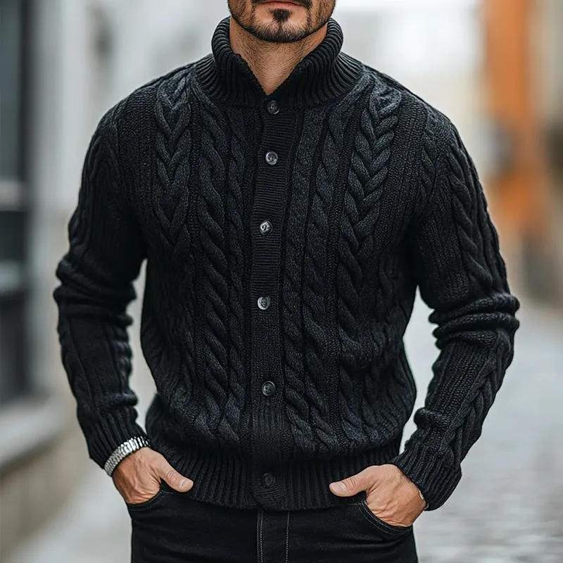 Men's Solid Color Knit Cable Stand Collar Single Breasted Cardigan 77081692Z sold by Manly product image thumbnail 2