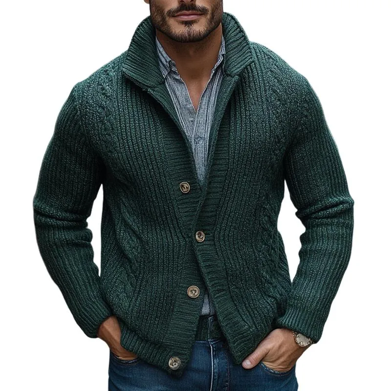 Men's Solid Color Knit Cable Stand Collar Single Breasted Cardigan 08383345Z sold by Manly