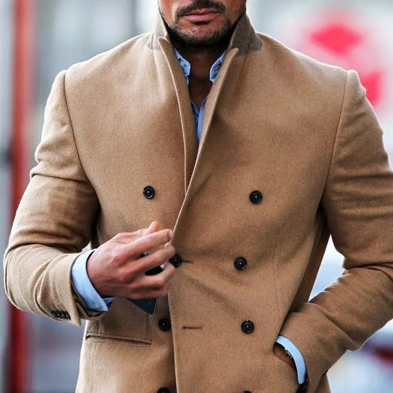 Men's Solid Color Notch Lapel Double Breasted Mid-length Coat 81740198Z sold by Manly product image thumbnail 3