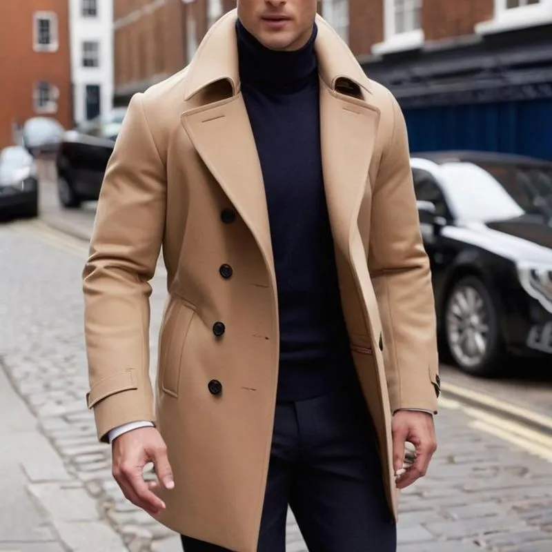 Men's Solid Color Lapel Double Breasted Mid-length Coat 07683922Z sold by Manly product image thumbnail 2