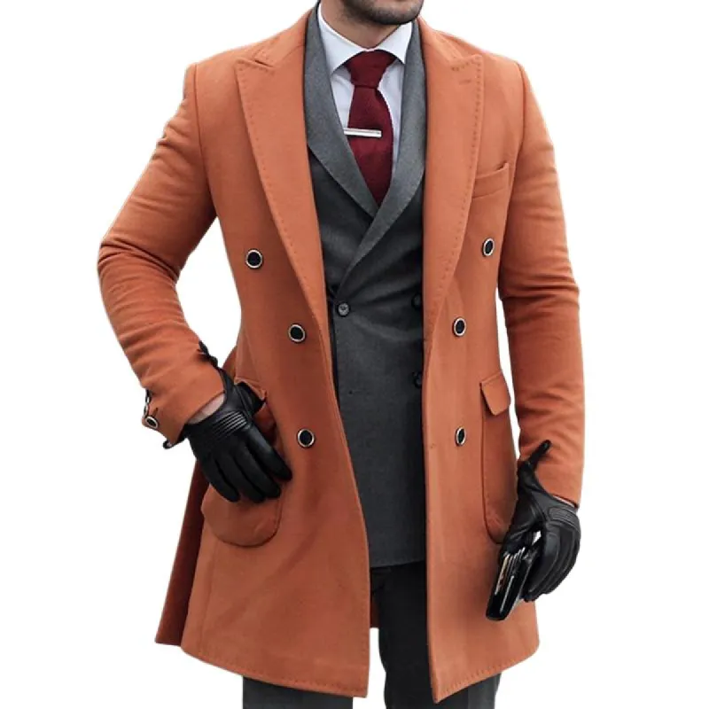 Men's Solid Color Peak Lapel Double Breasted Flap Pocket Mid-length Coat 23320799Z sold by Manly