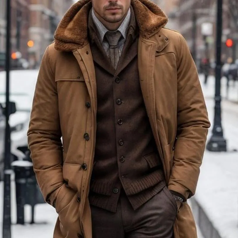 Men's Solid Color Plush Lapel Single Breasted Long Padded Coat 43906258Z sold by Manly product image thumbnail 3
