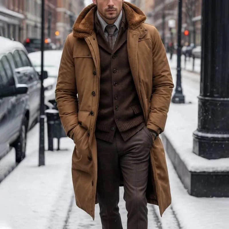 Men's Solid Color Plush Lapel Single Breasted Long Padded Coat 43906258Z sold by Manly product image thumbnail 2