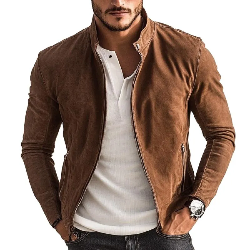 Men's Vintage Stand Collar Suede Zip-Up Jacket 22499799X sold by Manly