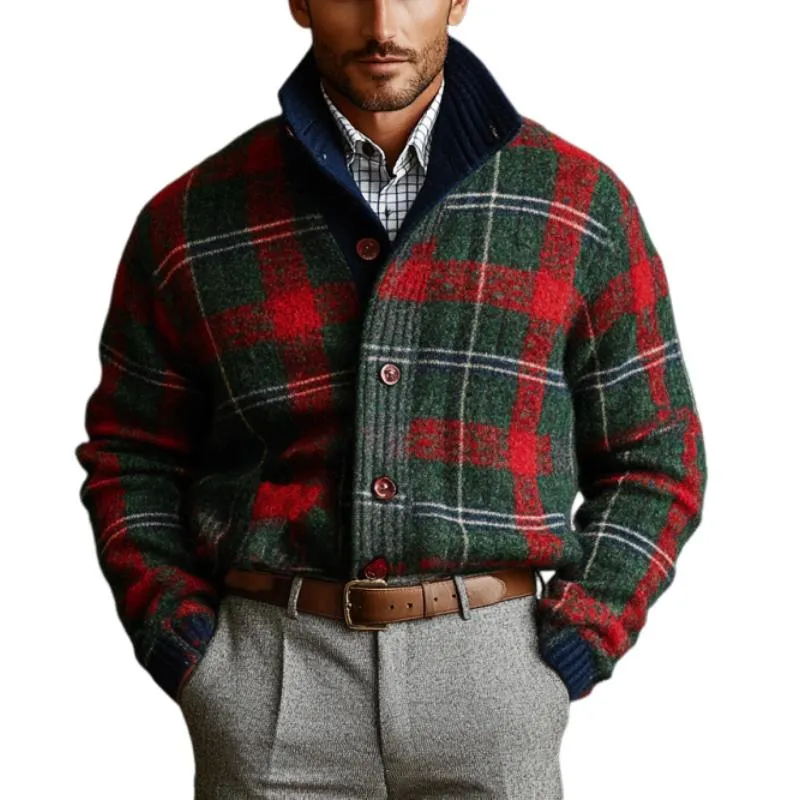 Men's Vintage Christmas Colorful Check Stand Collar Single Breasted Knit Cardigan 41423847Y sold by Manly