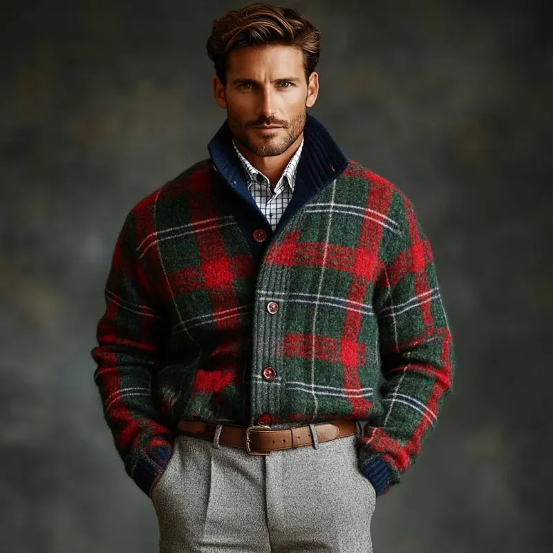 Men's Vintage Christmas Colorful Check Stand Collar Single Breasted Knit Cardigan 41423847Y sold by Manly product image thumbnail 3