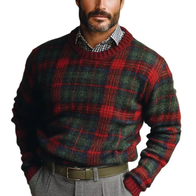 Men's Vintage Christmas Plaid Knit Crew Neck Sweater 61023453Y sold by Manly