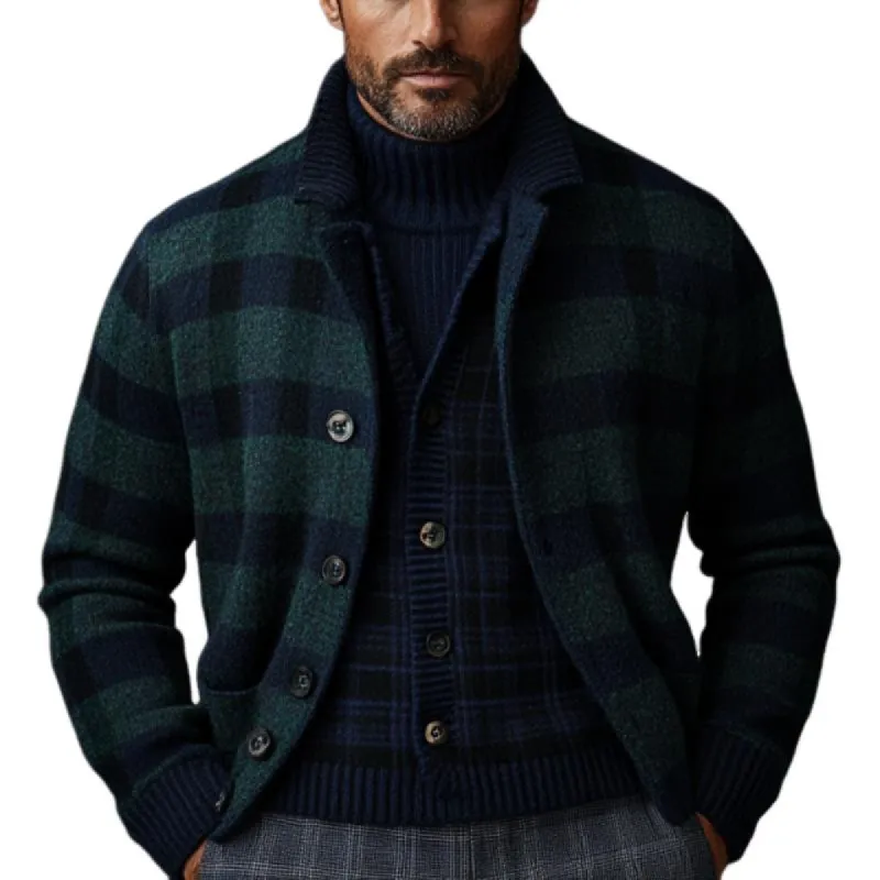 Men's Retro Christmas Plaid Lapel Single-Breasted Knitted Cardigan 49509490Y sold by Manly