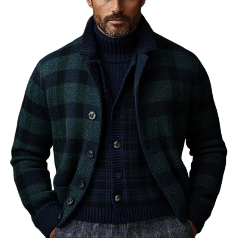 Men's Retro Christmas Plaid Lapel Single-Breasted Knitted Cardigan 49509490Y sold by Manly
