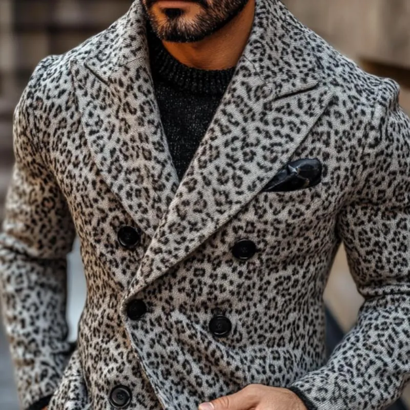 Men's Vintage Leopard Jacquard Peak Lapel Double Breasted Knitted Blazer Cardigan 13584078Y sold by Manly product image thumbnail 2