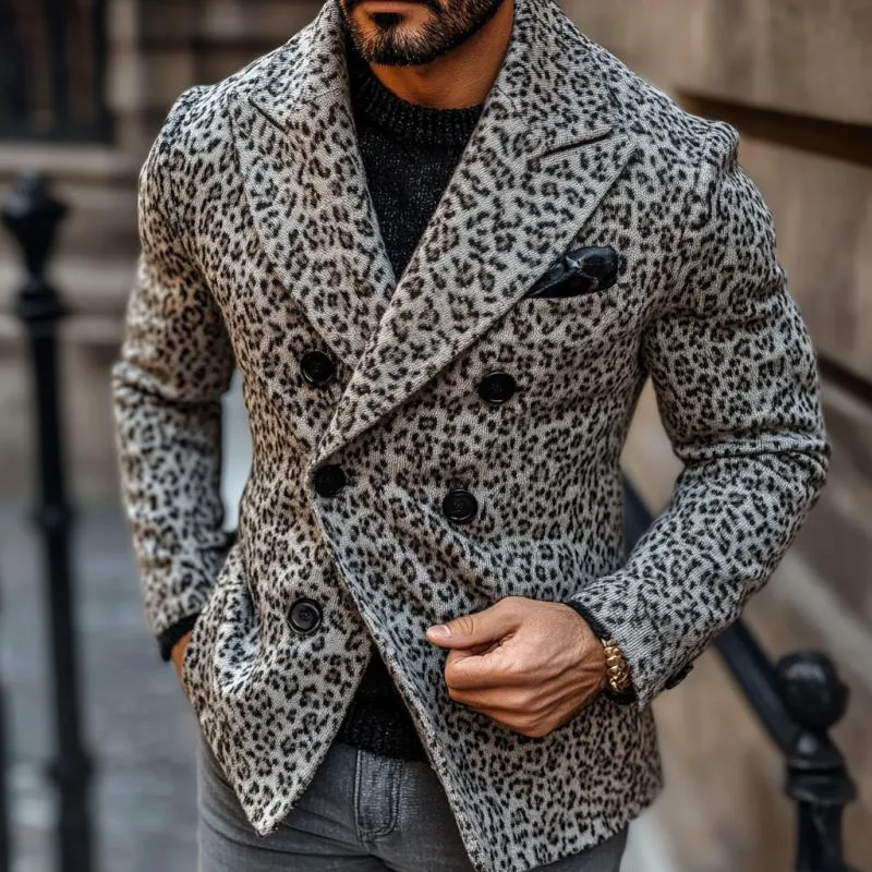 Men's Vintage Leopard Jacquard Peak Lapel Double Breasted Knitted Blazer Cardigan 13584078Y sold by Manly product image thumbnail 3