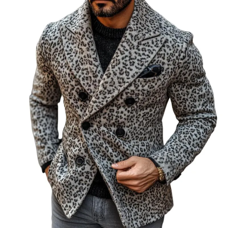 Men's Vintage Leopard Jacquard Peak Lapel Double Breasted Knitted Blazer Cardigan 13584078Y sold by Manly