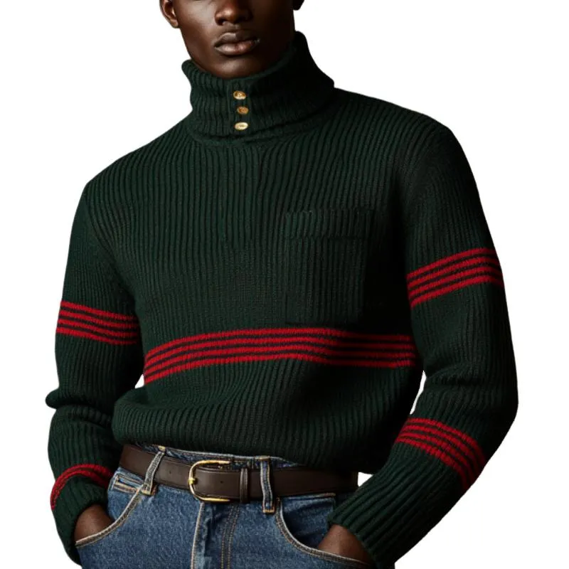 Men's Vintage Christmas Striped Knitted Button-Down Turtleneck Chest Pocket Sweater 22453558Y sold by Manly