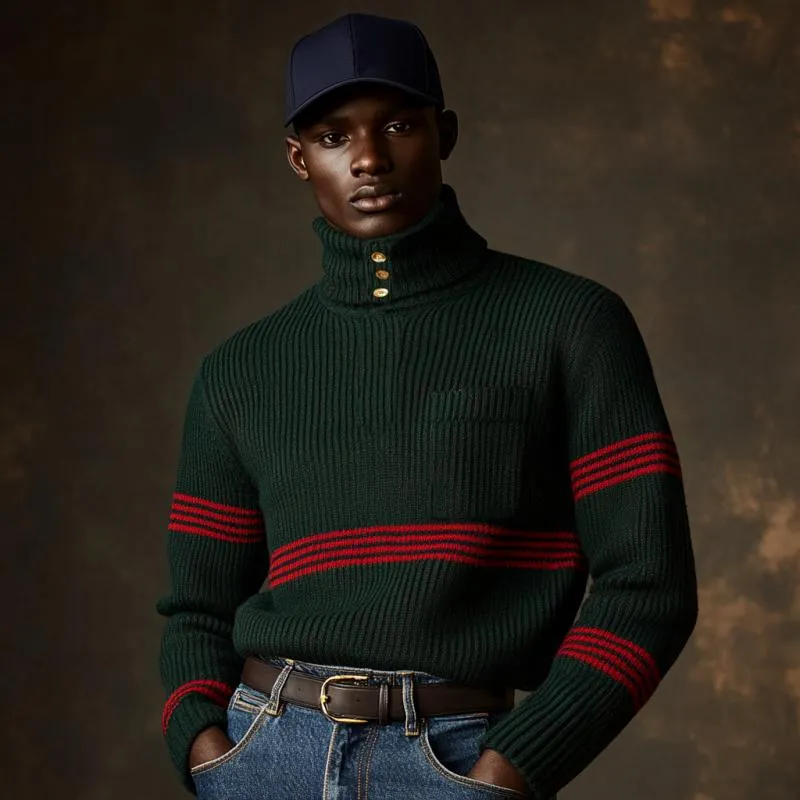 Men's Vintage Christmas Striped Knitted Button-Down Turtleneck Chest Pocket Sweater 22453558Y sold by Manly product image thumbnail 3