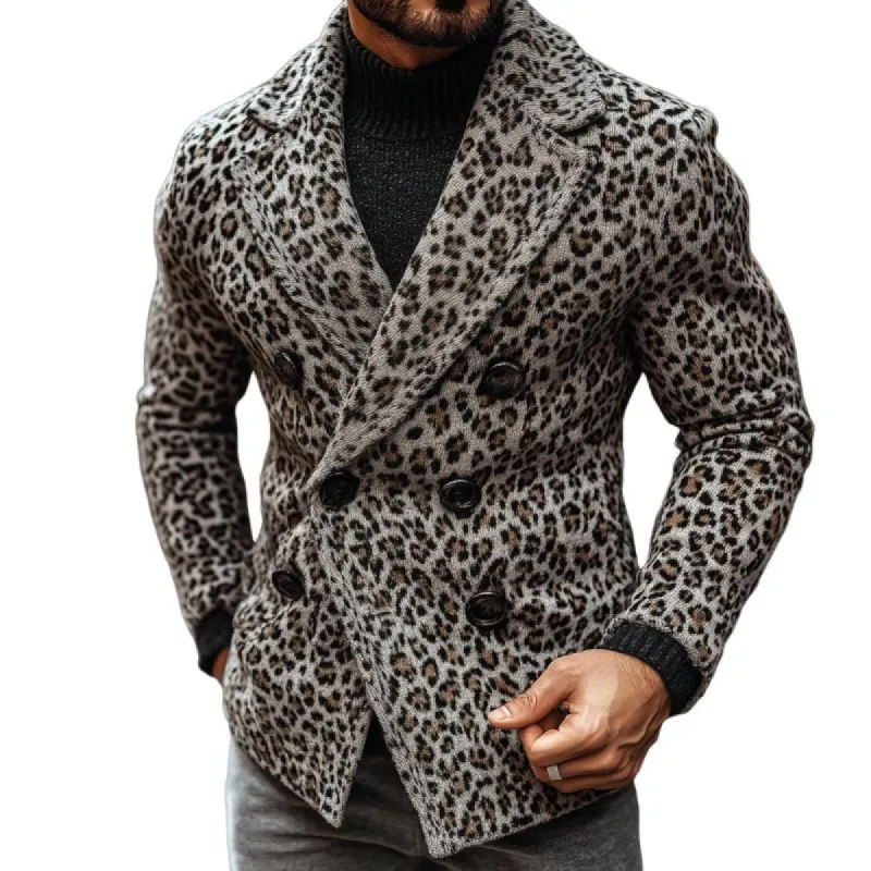 Men's Vintage Leopard Jacquard Double Breasted Knitted Blazer Cardigan 43436488Y sold by Manly