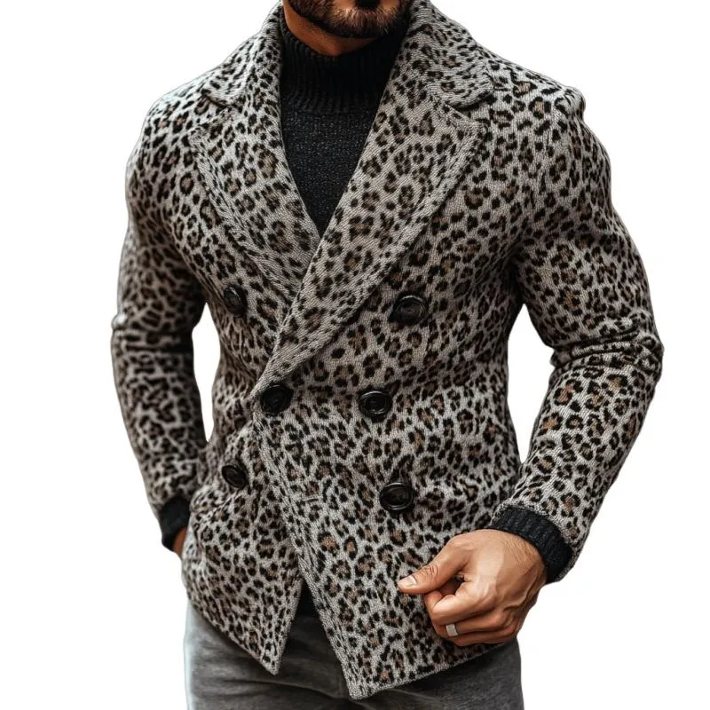 Men's Vintage Leopard Jacquard Double Breasted Knitted Blazer Cardigan 43436488Y sold by Manly