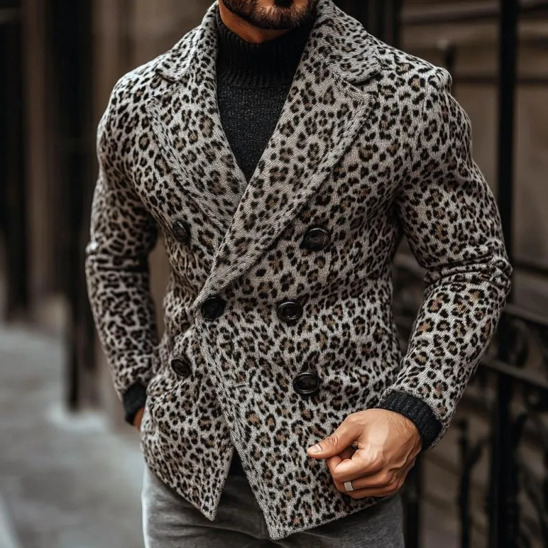 Men's Vintage Leopard Jacquard Double Breasted Knitted Blazer Cardigan 43436488Y sold by Manly product image thumbnail 3