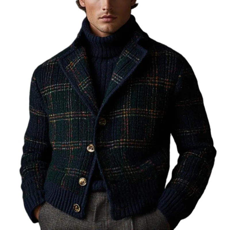 Men's Retro Christmas Plaid Lapel Single-Breasted Knitted Cardigan 13425111Y sold by Manly