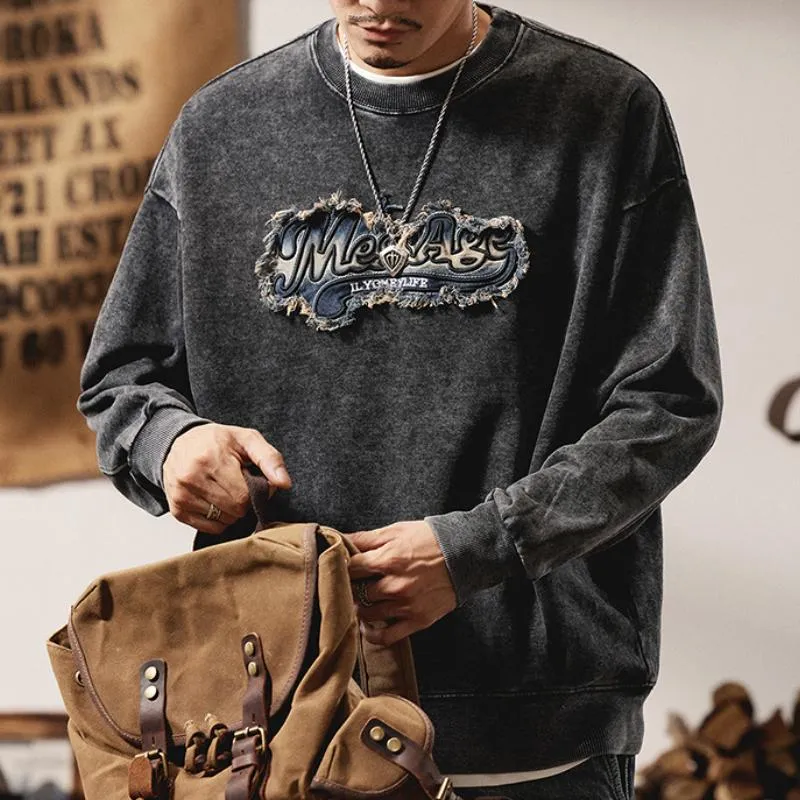 Men's Washed Distressed Denim Embroidered Sweatshirt 38460063U sold by Manly product image thumbnail 3