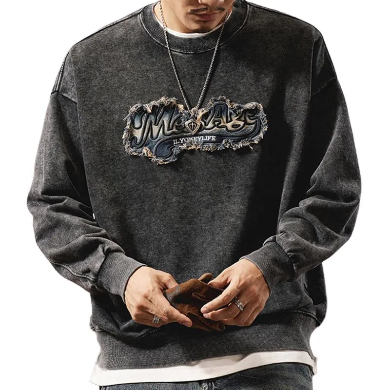 Men's Washed Distressed Denim Embroidered Sweatshirt 38460063U made by Manly