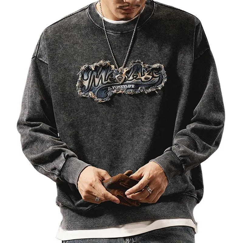 Men's Washed Distressed Denim Embroidered Sweatshirt 38460063U sold by Manly