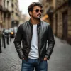 Men's Elegant Stand Collar Slim Zipper Leather Jacket 56943716M sold by Manly