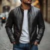 Men's Elegant Stand Collar Slim Zipper Leather Jacket 56943716M sold by Manly