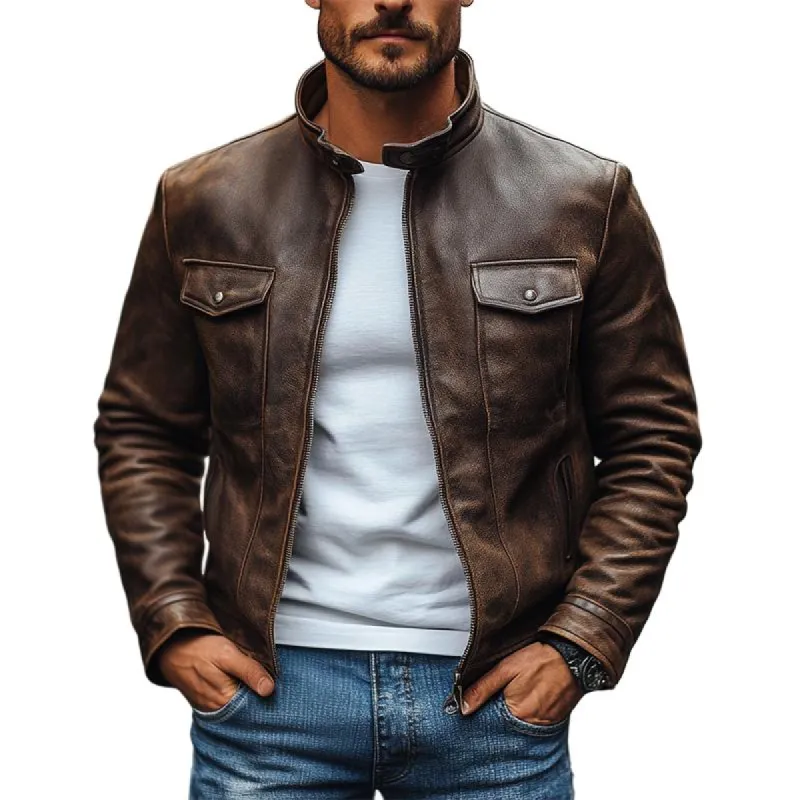 Men's Vintage Leather Stand Collar Slim Fit Zip-Up Jacket 91437254M sold by Manly