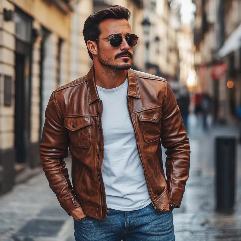 Men's Vintage Leather Lapel Multi-Pocket Slim Fit Zipper Jacket 07752130M sold by Manly product image thumbnail 3