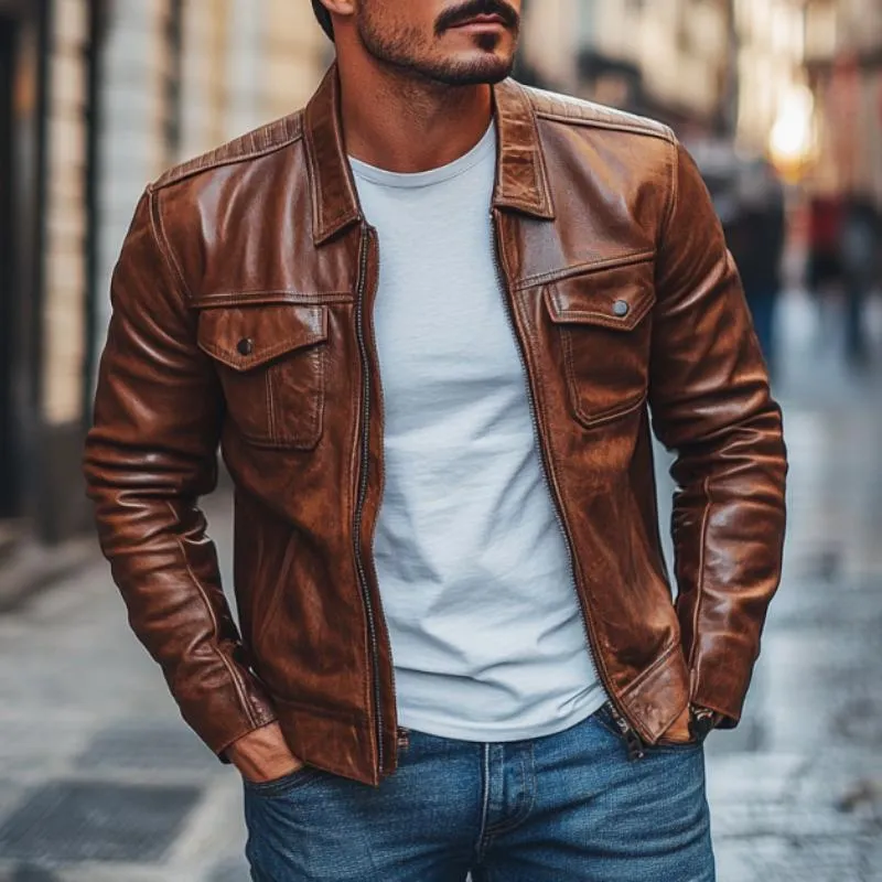 Men's Vintage Leather Lapel Multi-Pocket Slim Fit Zipper Jacket 07752130M sold by Manly product image thumbnail 2