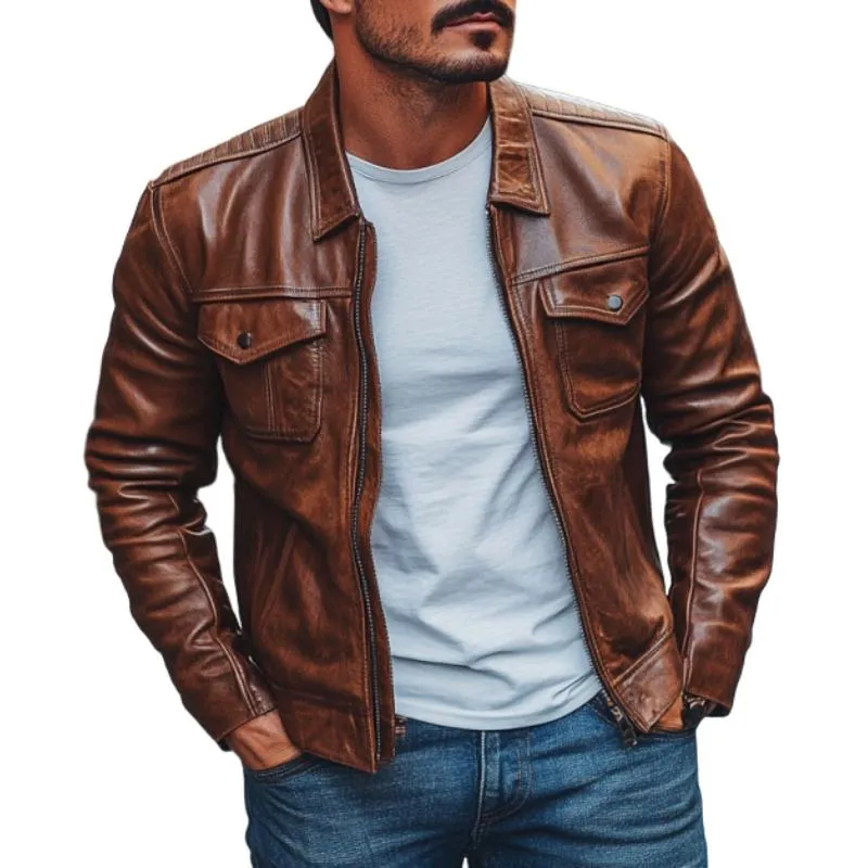 Men's Vintage Leather Lapel Multi-Pocket Slim Fit Zipper Jacket 07752130M sold by Manly