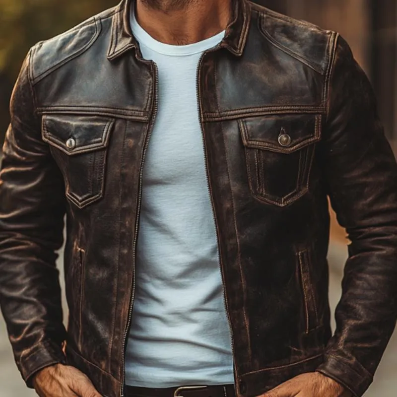 Men's Vintage Distressed Leather Lapel Multi-Pocket Slim Fit Zipper Jacket 69144668M sold by Manly product image thumbnail 3