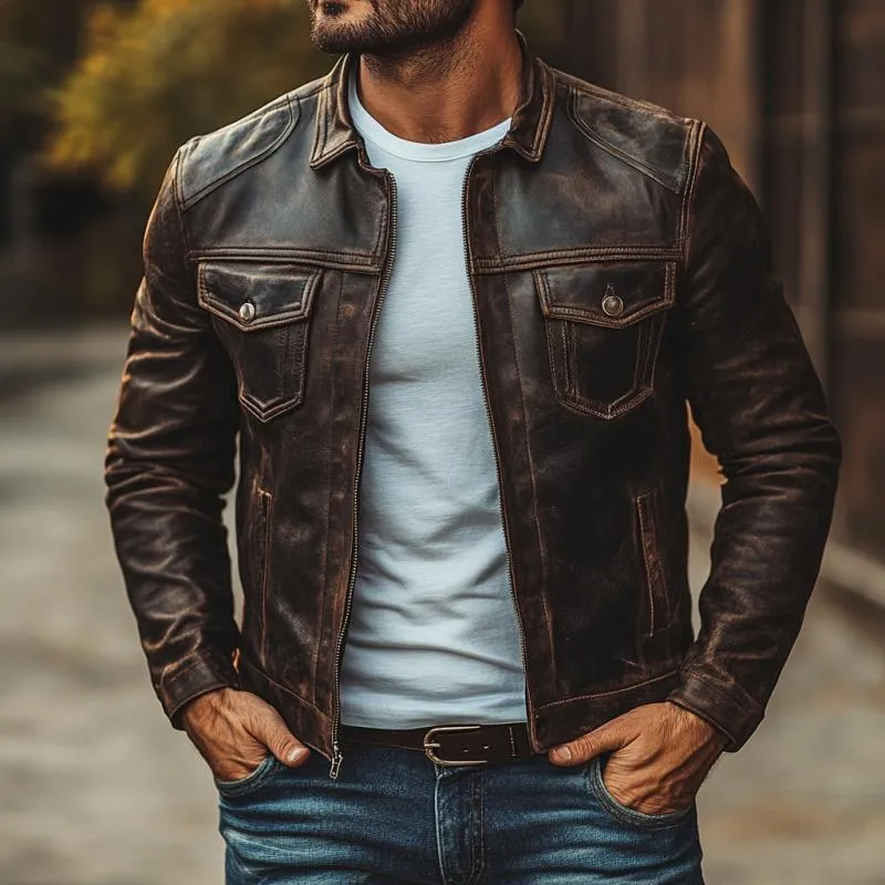 Men's Vintage Distressed Leather Lapel Multi-Pocket Slim Fit Zipper Jacket 69144668M sold by Manly product image thumbnail 2