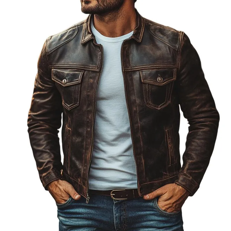 Men's Vintage Distressed Leather Lapel Multi-Pocket Slim Fit Zipper Jacket 69144668M sold by Manly