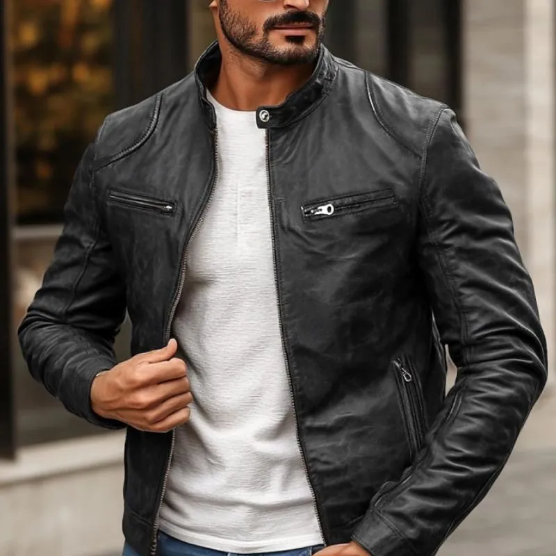 Men's Vintage Stand Collar Leather Biker Jacket 99731912Y sold by Manly product image thumbnail 3