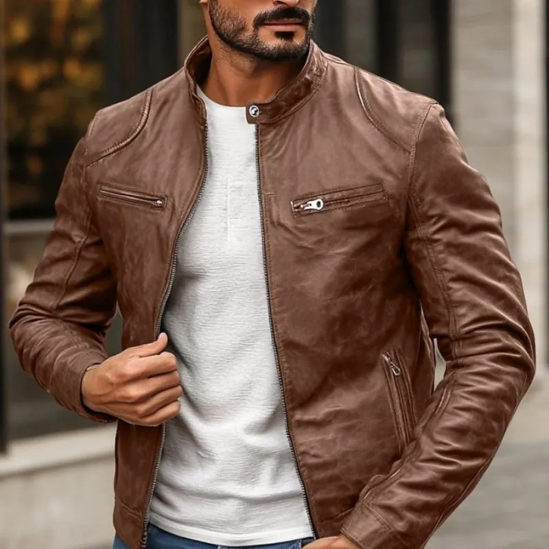Men's Vintage Stand Collar Leather Biker Jacket 99731912Y sold by Manly product image thumbnail 4