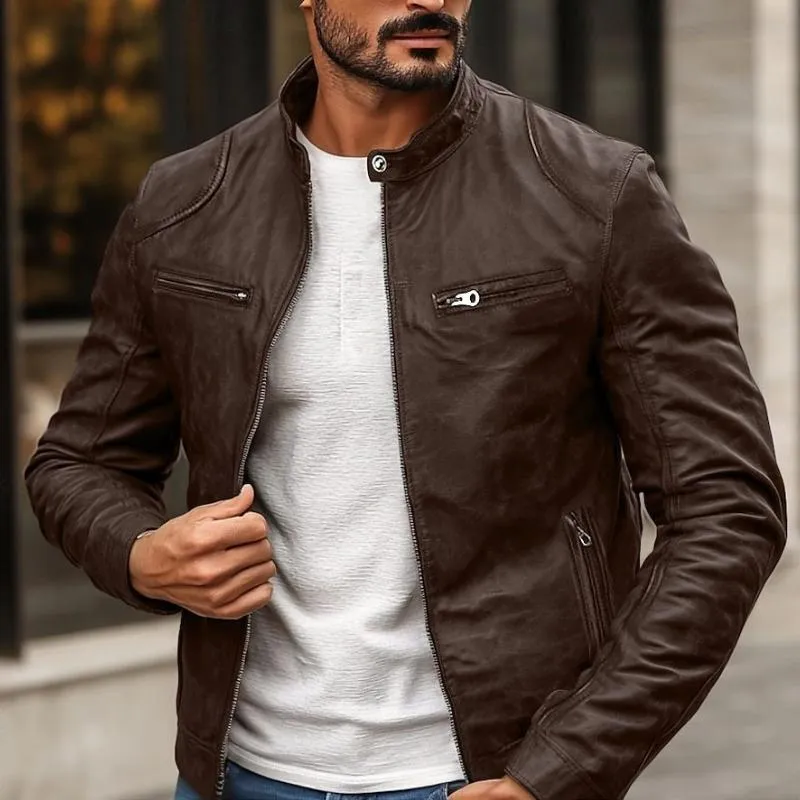 Men's Vintage Stand Collar Leather Biker Jacket 99731912Y sold by Manly product image thumbnail 2