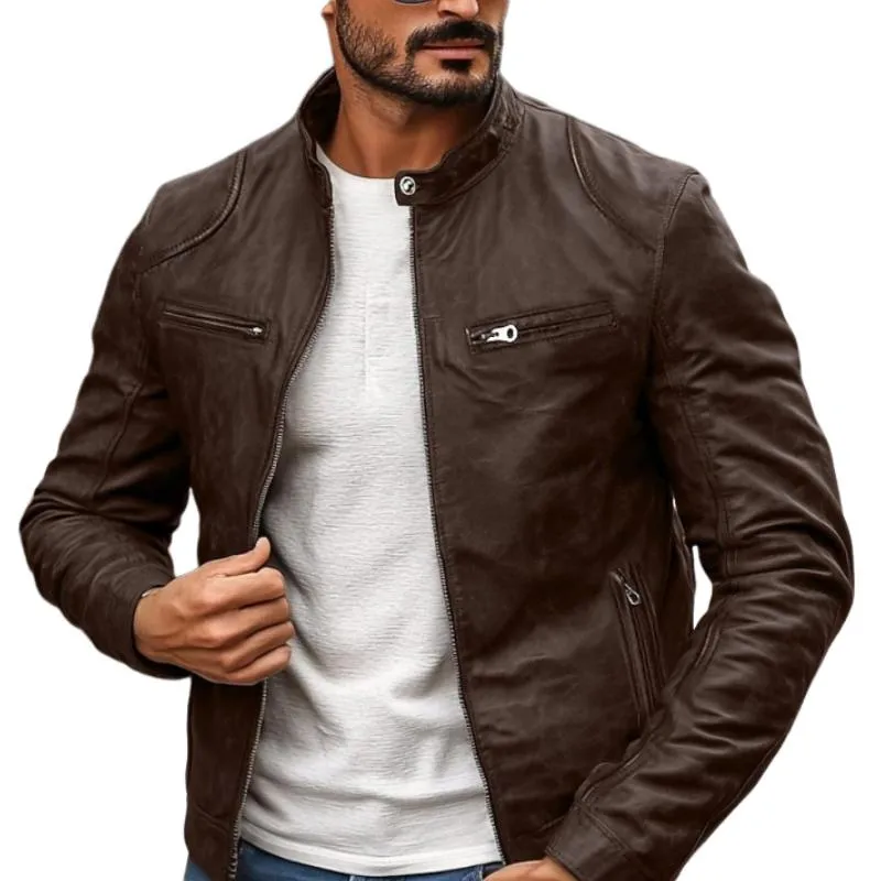 Men's Vintage Stand Collar Leather Biker Jacket 99731912Y sold by Manly