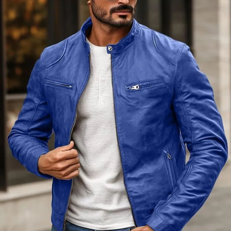 Men's Vintage Stand Collar Leather Biker Jacket 99731912Y sold by Manly product image thumbnail 5