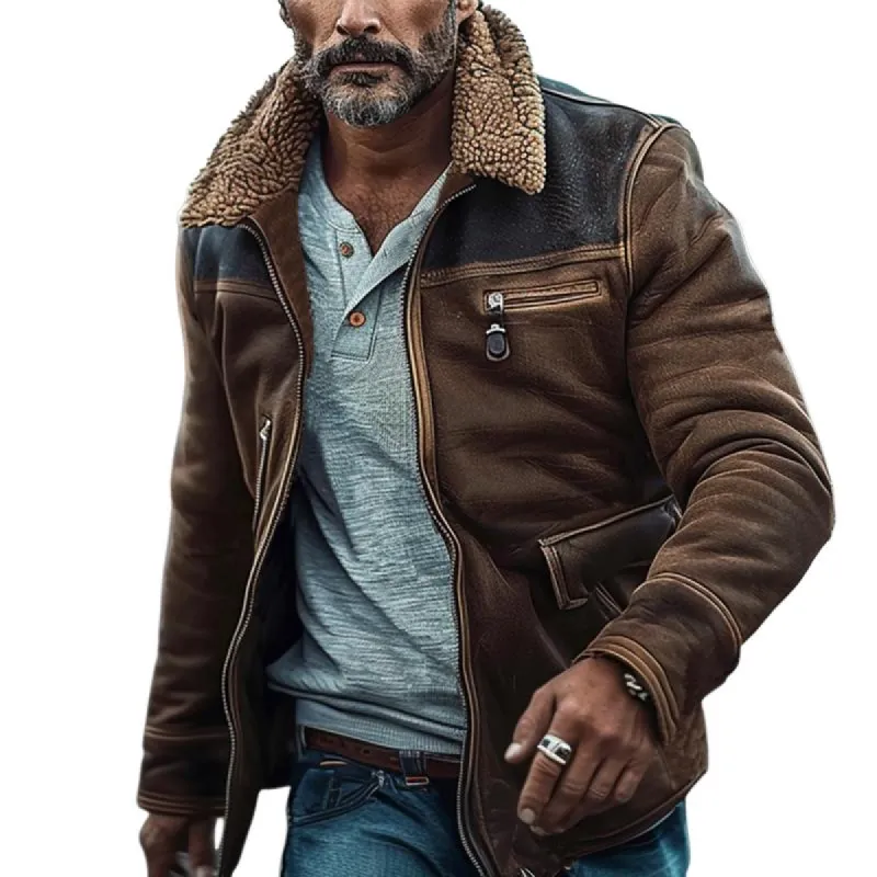 Men's Vintage Motorcycle Fur Collar Multi-Pocket Leather Jacket 46692373Y sold by Manly