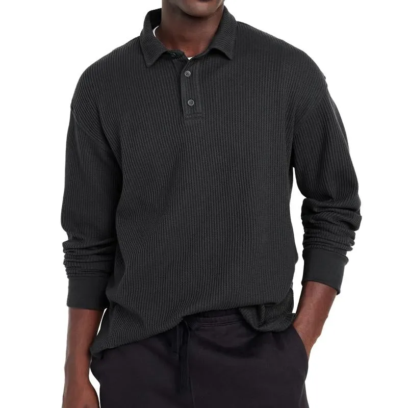 Men's Casual Solid Color Button Lapel Long Sleeve Polo Shirt 49457322Y sold by Manly product image thumbnail 3