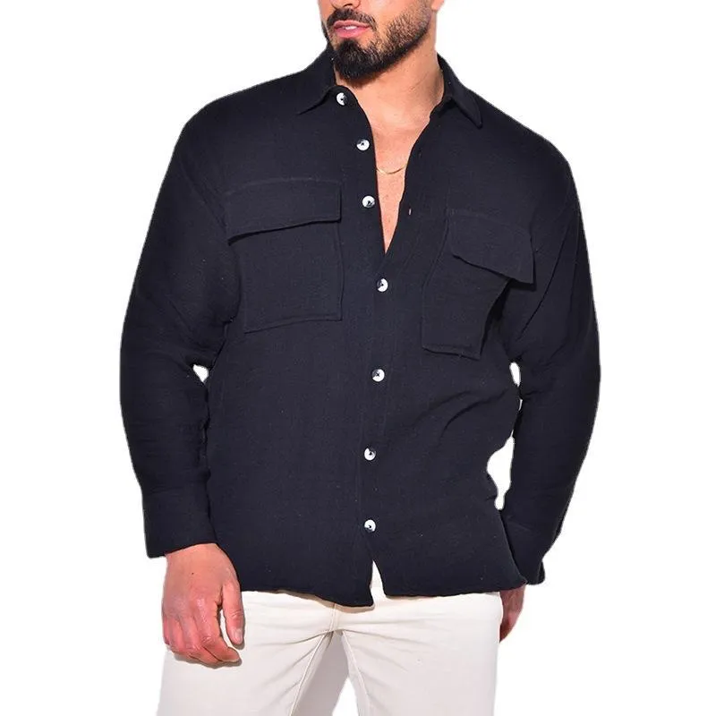 Men's Casual Cotton Linen Lapel Loose Long Sleeve Shirt 29623399M sold by Manly